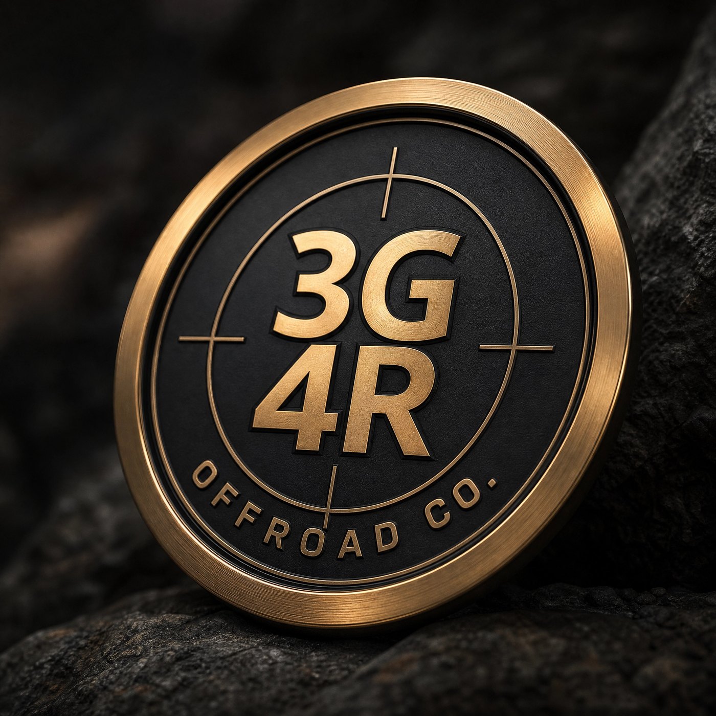 3G 4R Offroad Co. bronze challenge coin resting on dark rock